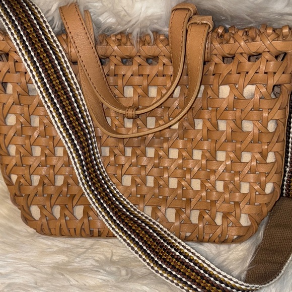 Joy Susan Handbags - Joy Susan Tan Woven Tote with Striped Strap